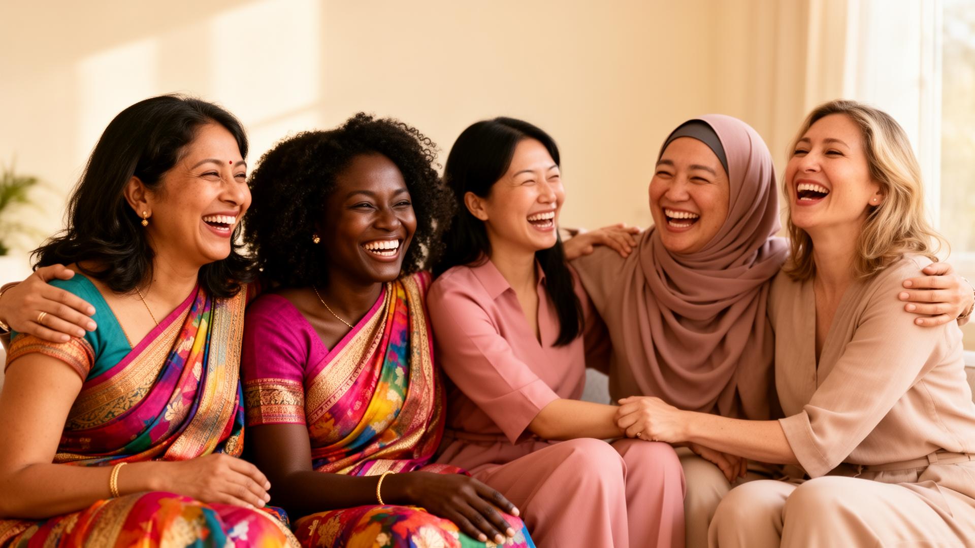 A circle of diverse women laughing and supporting each other